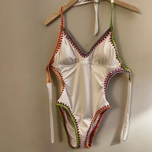 Bar III White Swimsuit with Colorful Crochet Trim